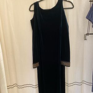 Emerald green midi dress with cold shoulder